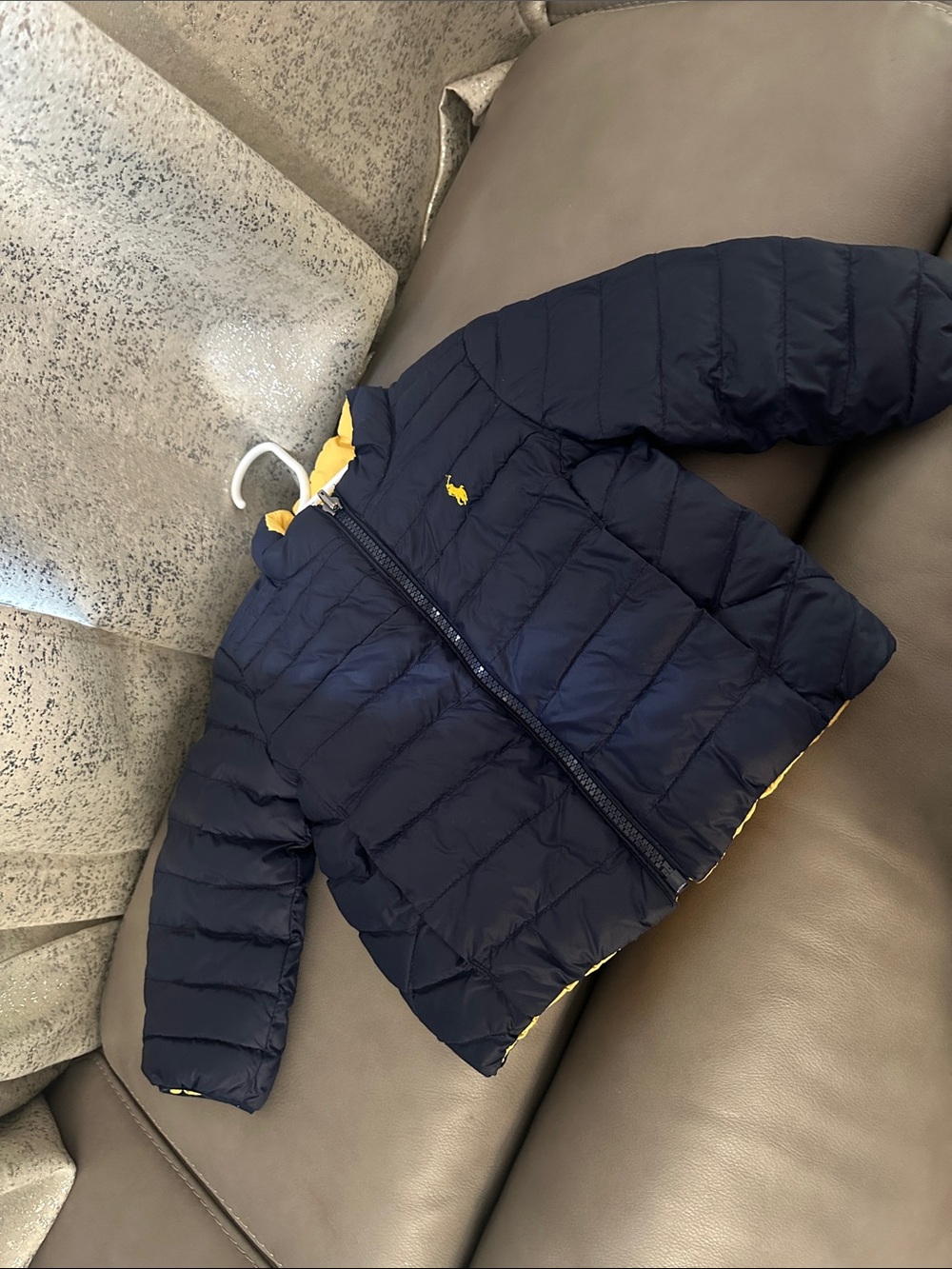 Ralph Lauren Navy Puffer Jacket with Yellow Interior - Picture 2 of 9
